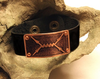 Leather & Etched Copper Feynman Diagram Cuff Bracelet