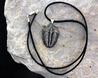 May include: A silver-colored pendant necklace featuring a detailed trilobite fossil replica. The pendant hangs from a black cord with a silver clasp. The necklace is displayed on a light-colored, textured stone surface.
