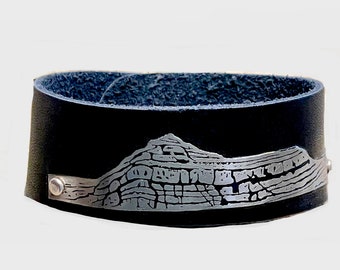 Mt. Timpanogos etched in German Silver on leather cuff