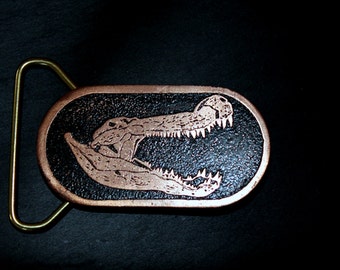 Etched Copper Deinosuchus Fossil Design Belt Buckle