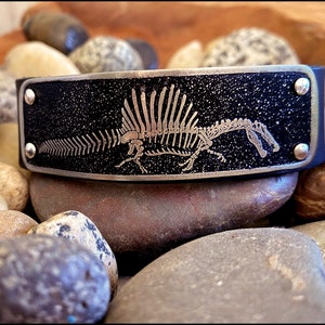 Spinosaurus Skeleton Etched in German Silver on a Leather Cuff