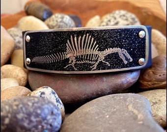 Spinosaurus Skeleton Etched in German Silver on a Leather Cuff