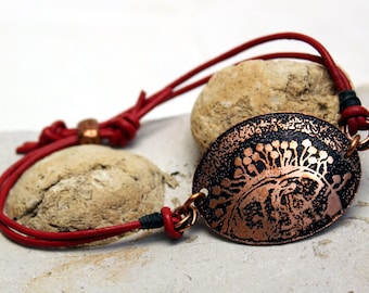 Etched Copper and Leather Bacteriophage Design Bracelet