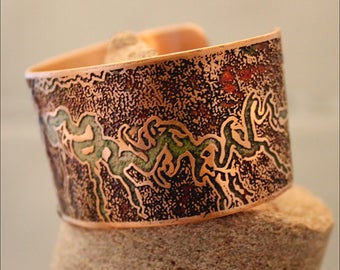 Etched and Colored Copper Escalante River Design Cuff Bracelet