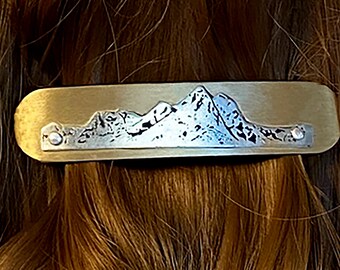 Teton Mountains etched in German Silver on a Brass Hairclip