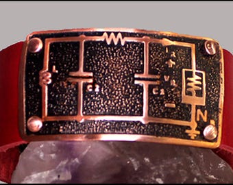 Etched Copper and Leather Chua Circuit Design Cuff Bracelet