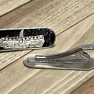 Megalosaurus Dinosaur Etched on German Silver Tie Bar
