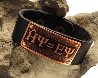 Leather and Etched Copper Schrödinger’s Equation Cuff Bracelet