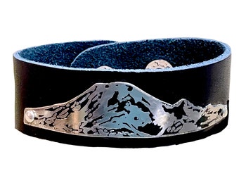 Mt. Ranier etched in German Silver on a leather cuff