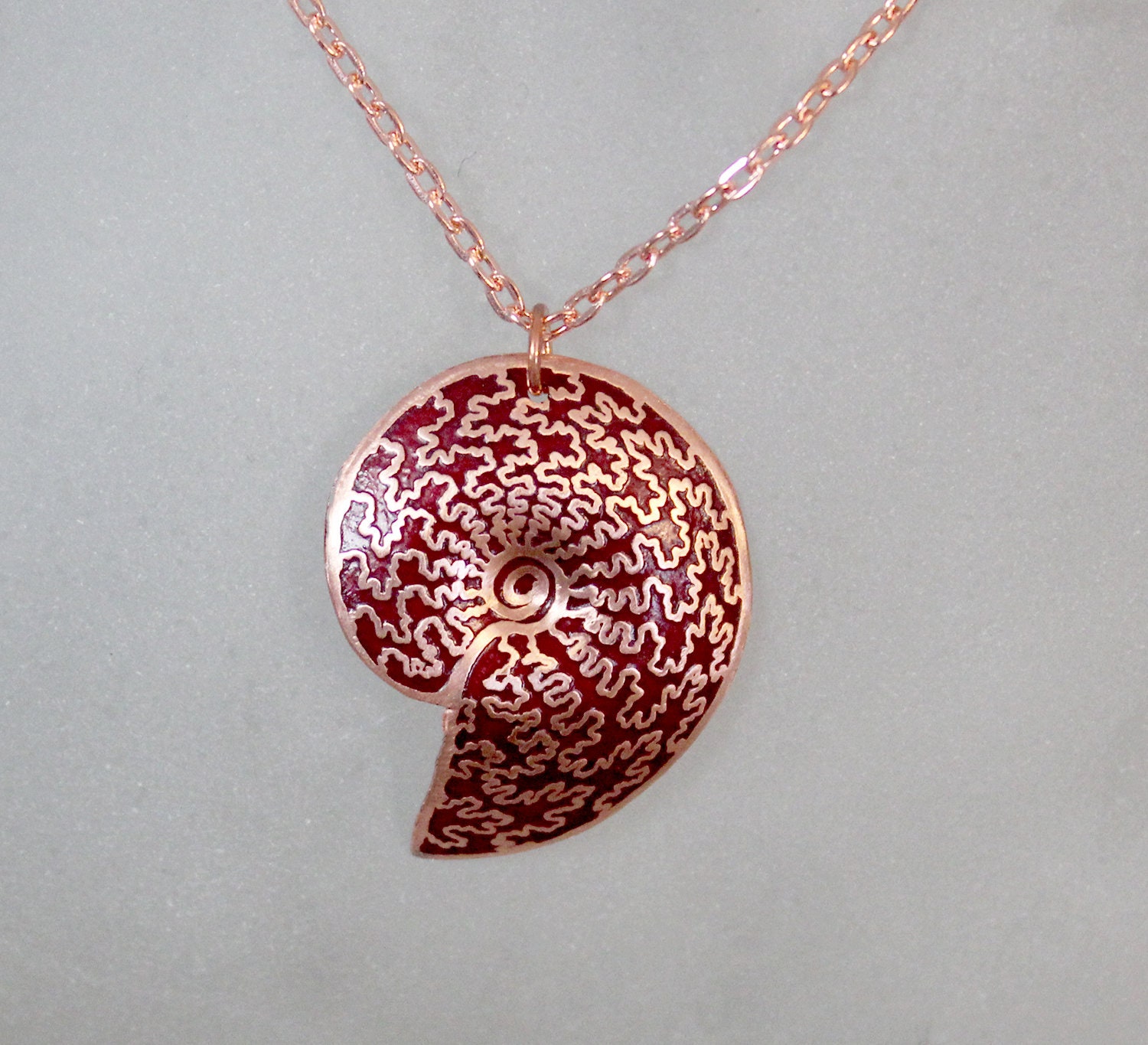 Fossil Ammonite Design Necklace Etched in Copper and Colored