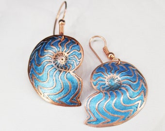 Etched and colored Copper Ammonite  Design Earrings