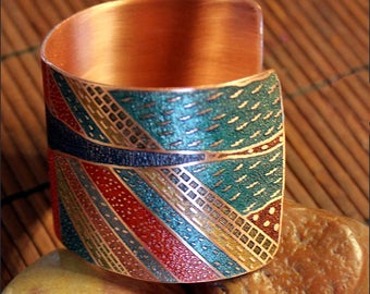 Etched and Colored Copper Grand canyon Geology Design Cuff Bracelet