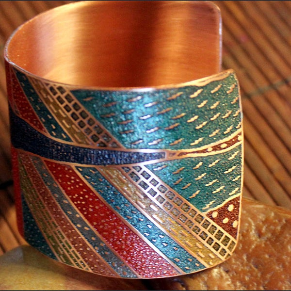 Etched and Colored Copper Grand canyon Geology Design Cuff Bracelet