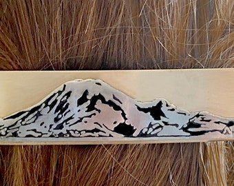 Mount Rainier etched on German Silver on a Brass Hairclip