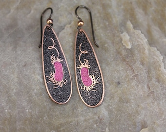 Etched and colored copper Pseudomonas Bacteria design Earrings