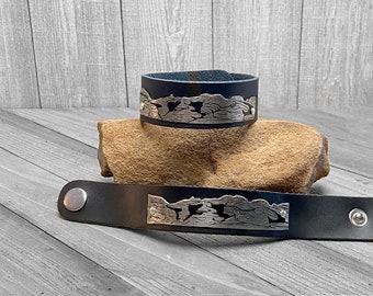 Split Mountain Etched in German Silver and riveted to a Leather Cuff Bracelet