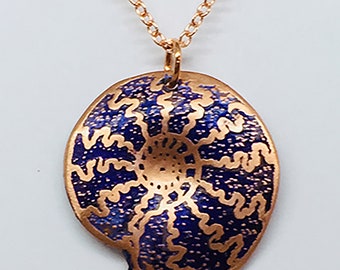 Etched and Colored copper Ammonite Design Pendant