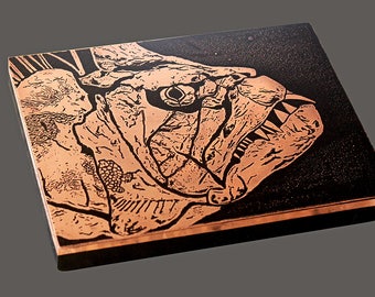 Etched and Colored Copper Extinct Fish Xiphactinus Design Art Block