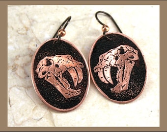 Etched Copper Sabretooth Cat Design Earrings