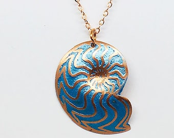 Etched and Colored Ammonite Fossil Design Pendant Necklace