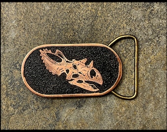 Utahceratops Skull Design Etched into Copper Belt Buckle