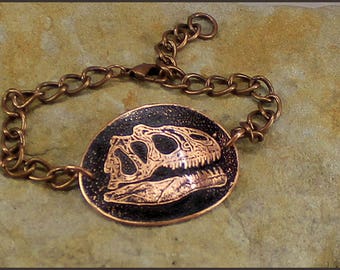 Allosaurus Skull Chain Bracelet Etched Copper