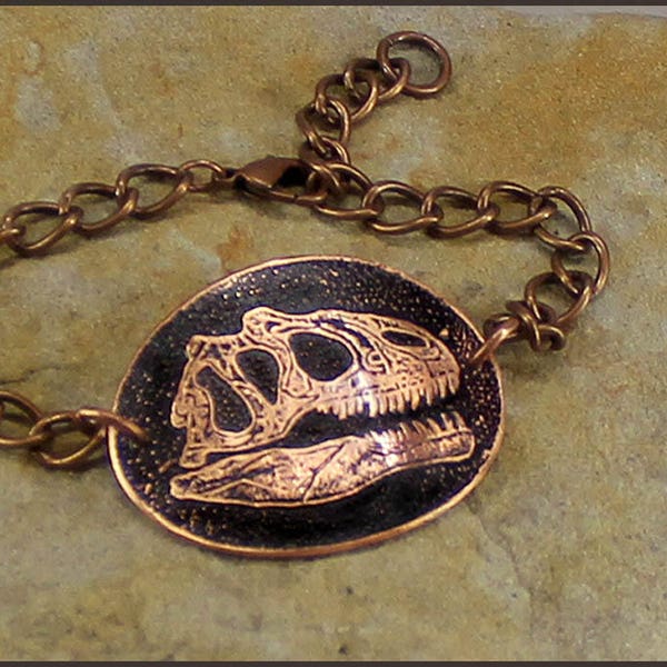 Allosaurus Skull Chain Bracelet Etched Copper