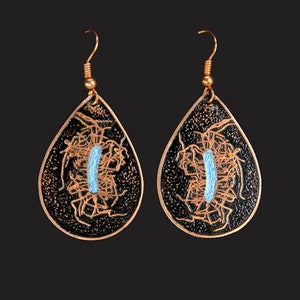 May include: A pair of teardrop-shaped earrings with a black background and a copper-colored frame. The earrings feature a light blue design inside the frame.
