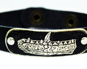 Megalosaurus Dinosaur Etched German Silver and Leather Cuff Bracelet