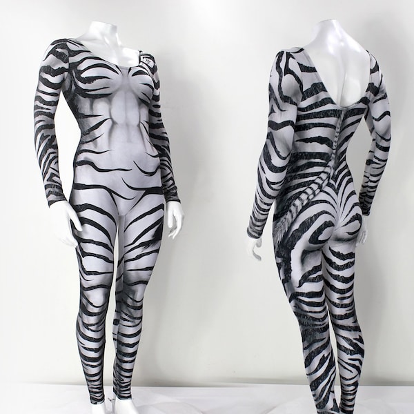 Zebra Scoop Neck Catsuit with Printed Tail