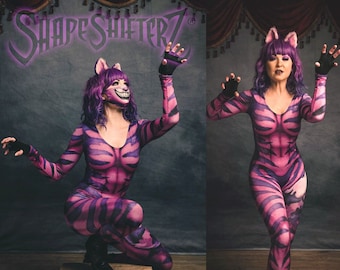 Pink Cheshire Cat Inspired Scoop Neck Catsuit Costume with No Tail or Tail Printed on to the suit