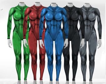 May include: Five full-body jumpsuits on mannequins in green, red, blue, black, and gray. Each suit features a high neck, long sleeves, and a printed muscular anatomy design. Above the suits, the text SHAPESHIFTERZ appears with a claw mark logo.
