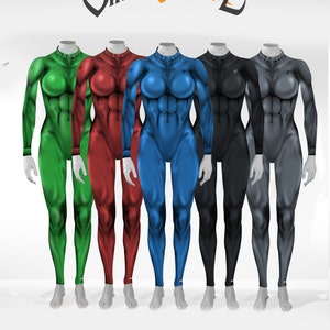 May include: Five full-body jumpsuits on mannequins in green, red, blue, black, and gray. Each suit features a high neck, long sleeves, and a printed muscular anatomy design. Above the suits, the text SHAPESHIFTERZ appears with a claw mark logo.