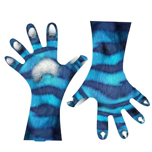 May include: A pair of blue and white striped gloves with furry texture. The gloves have long fingers and claws.