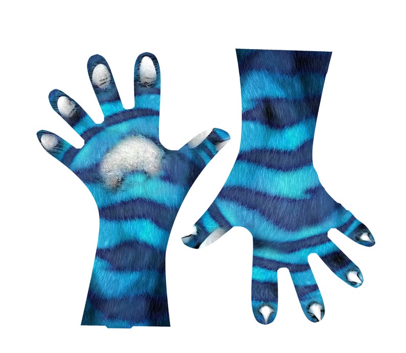May include: A pair of blue and white striped gloves with furry texture. The gloves have long fingers and claws.