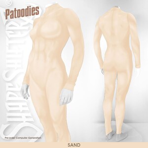 May include: A nude-coloured, full-body, form-fitting bodysuit with long sleeves and a high neck. The bodysuit is shown from the front and back. The text "Patoodies" is in the top left corner of the image. The text "Shape Shifter" is in the top left corner of the image, written vertically. The text "Pre-order Computer Generation" is in the bottom left corner of the image. The text "SAND" is in the bottom centre of the image.