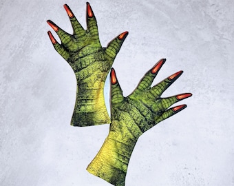 Green Alien Gloves with Red or White Nails: Creature ShapeShifting Poly-Spandex - Handmade in USA