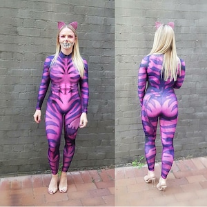 Classic Cheshire Cat Inspired - High collar Bodysuit with Zipper in the back for Halloween or working out.