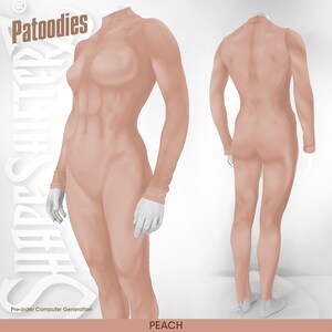May include: A peach-coloured, form-fitting, long-sleeved bodysuit with a high neck. The bodysuit is shown from the front and back. The text "Patoodies" and "Short Sleeve" is visible in the image.