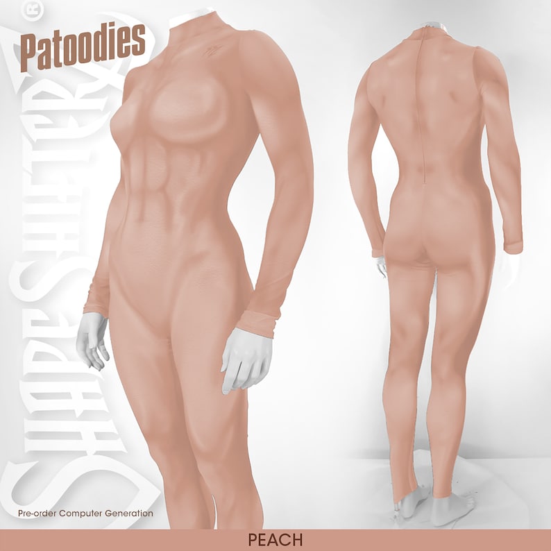 May include: A peach-coloured, form-fitting, long-sleeved bodysuit with a high neck. The bodysuit is shown from the front and back. The text "Patoodies" and "Short Sleeve" is visible in the image.