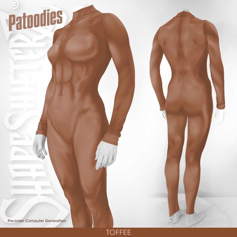 May include: A brown, form-fitting, long-sleeved bodysuit with a high neck. The bodysuit is shown from the front and back. The text "Patoodies" and "Sharp Shirter" is visible in the image. The text "TOFFEE" is also visible in the image.