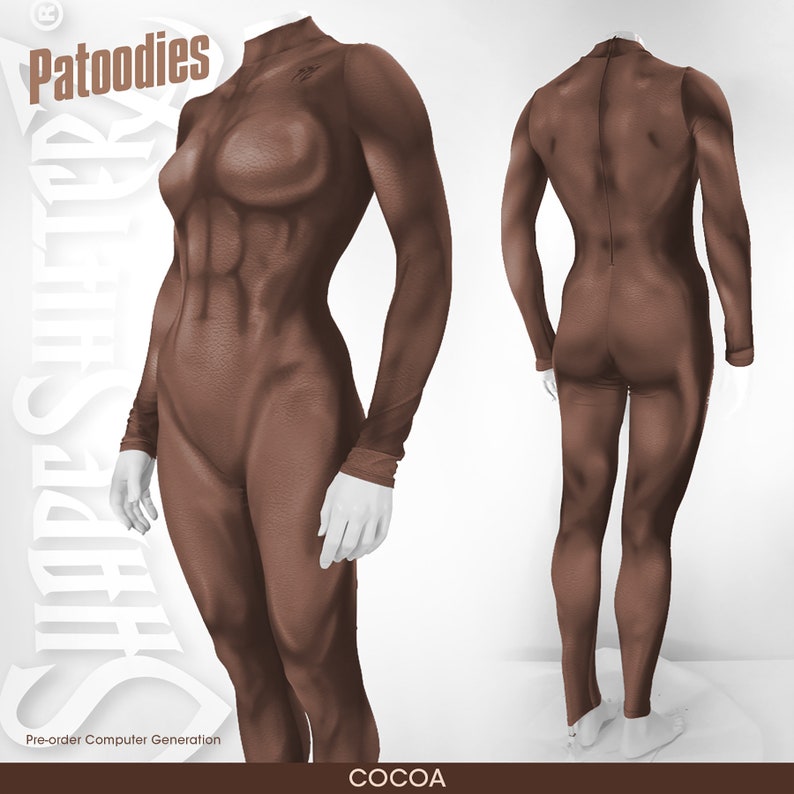 May include: A brown, form-fitting bodysuit with a high neck and long sleeves. The bodysuit is made of a stretchy material and has a textured surface. The text "Patoodies" and "Shape Shifter" is visible in the image.