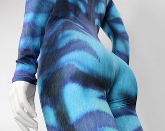 Woman's Blue Cheshire Cat Inspired - ScoopNeck Pull-Up CatSuit for Halloween or working out.