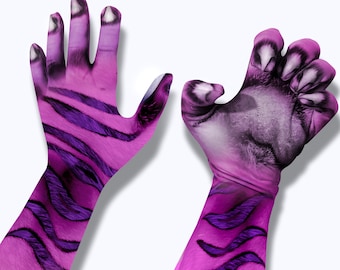 Mischief Stripe Cat Costume Gloves | Pink and Purple Stripes | Convertible-Fingerless Gloves