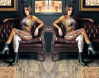 Leopard Bodysuit High Collar - Women's Animal Print Dance Costume Catsuit, Back Zip, Tail Optional