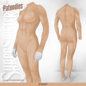 May include: A nude-coloured, form-fitting, long-sleeved bodysuit with a high neck. The bodysuit is shown from the front and back. The text "Patoodies" is in the top left corner of the image. The text "HONEY" is in the bottom centre of the image.