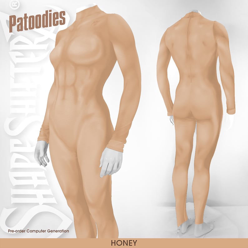 May include: A nude-coloured, form-fitting, long-sleeved bodysuit with a high neck. The bodysuit is shown from the front and back. The text "Patoodies" is in the top left corner of the image. The text "HONEY" is in the bottom centre of the image.