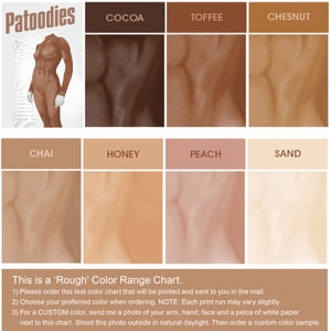May include: Colour chart with 10 different skin tone swatches labelled with names like 'Cocoa', 'Toffee', 'Chai', 'Honey', 'Peach', and 'Sand'. The text 'This is a 'Rough' Colour Range Chart.' is at the bottom of the chart.