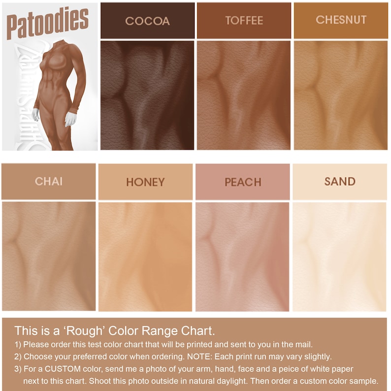 May include: Colour chart with 10 different skin tone swatches labelled with names like 'Cocoa', 'Toffee', 'Chai', 'Honey', 'Peach', and 'Sand'. The text 'This is a 'Rough' Colour Range Chart.' is at the bottom of the chart.