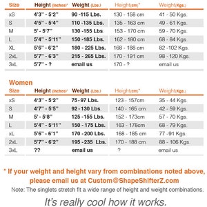 May include: A chart showing size recommendations for men and women based on height and weight in inches and pounds, and centimetres and kilograms. The chart includes sizes XS, S, M, L, XL, 2XL, and 3XL.
